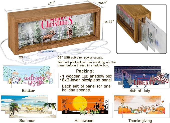 SAILINGSTORY Interchangeable Holiday Decor 6 Seasonal Decor Night Light Shadow Box Easter Summer 4th of July Halloween Thanksgiving Christmas Decorations