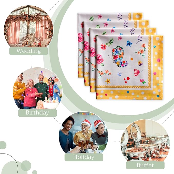 Maison d' Hermine Cloth Napkins Set of 4 100% Cotton Everyday Reusable Square Napkins Cloth Washable, Dinner, Party, Wedding, Restaurant, Spring/Summer (Happy Florals - Sweety, 20" x 20")