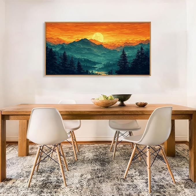 HOURIA Large Sunrise Mountain Forest Landscape Framed Canvas Wall Art Set,Orange Sky Green Ridge Wall Decor,Nature Pine Tree Artwork,Boho Watercolor Art Print for Living Room, Bedroom- 20"x40"x1