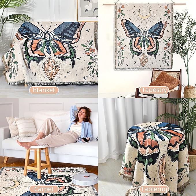 Boho Throw Blanket Reversible Cotton Bohemian Tapestry Hippie Room Decor Outdoor Blanket Double Sided (Month Moth White, 50"x60")