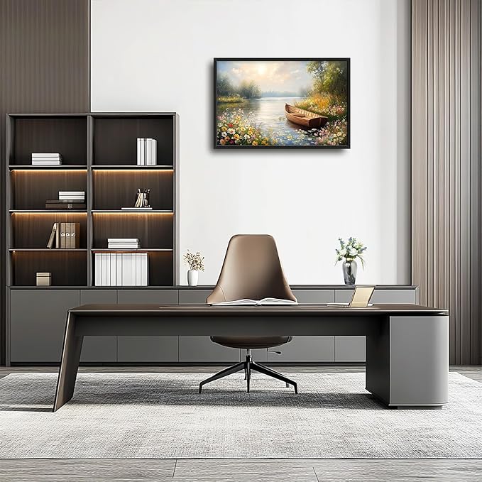 Framed Large Wall Art for Living Room, Lake Boat Canvas Wall Decor, Flower Pictures Painting, Natural Landscape Artwork for Living Room Bedroom Office 36L'' × 24W''