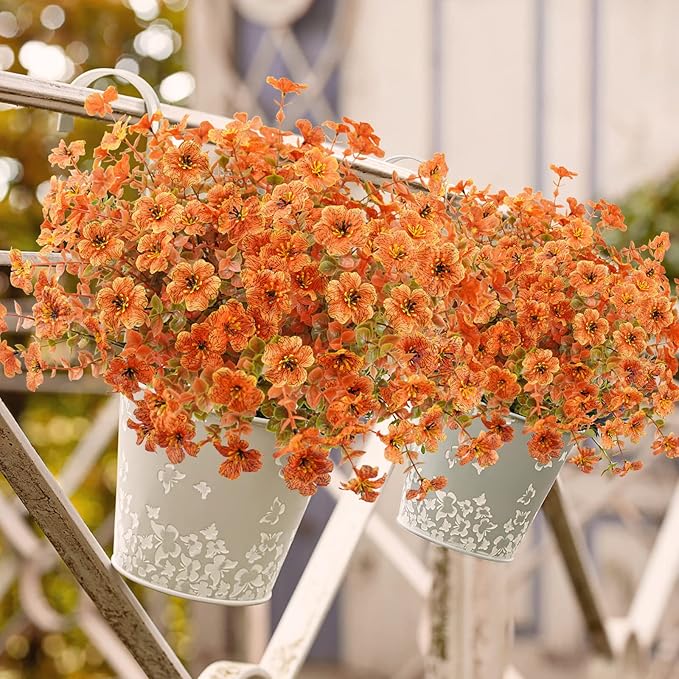 Agusbagli 10Pcs Artificial Fall Flowers Outdoor Autumn Fake Flowers UV Resistant Faux Plastic Greenery Shrub Plant for Wedding Home Garden Window Box Fireplace Thanksgiving Christmas Decor Orange