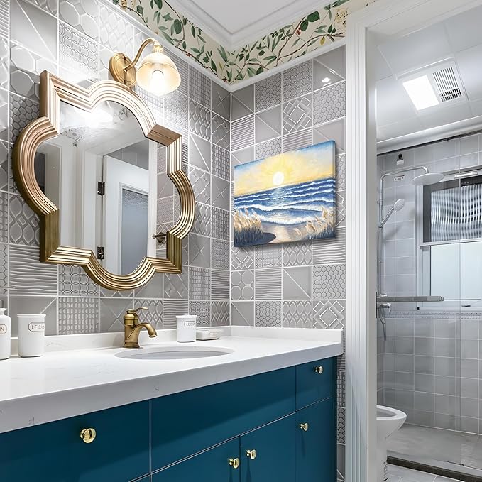 Bathroom Decor Wall Art Beach Sunset Blue Ocean Waves Nature Pictures Coastal Reeds Canvas Print Seaside Landscape Seashore Botanical Painting Seascape Artwork for Home Sea Lake Bedroom 12x16inch