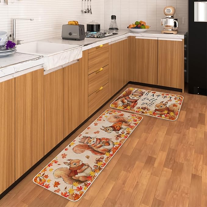 Happy Fall Y'all Squirrel Kitchen Rugs Set of 2, Seasonal Autumn Thanksgiving Holiday Home Decor Low-Profile Kitchen Mats for Floor - 17x29 and 17x47 Inch