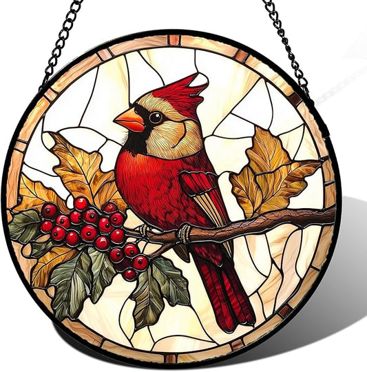Stained Glass Window Hanging, Birds on a Branch Cardinal Sun Catchers Diamond Glass Panel Hangings Suncatcher Decor for Birthday for Women, Men, Wife, Aunt, and Mom 14.9x14.9 in
