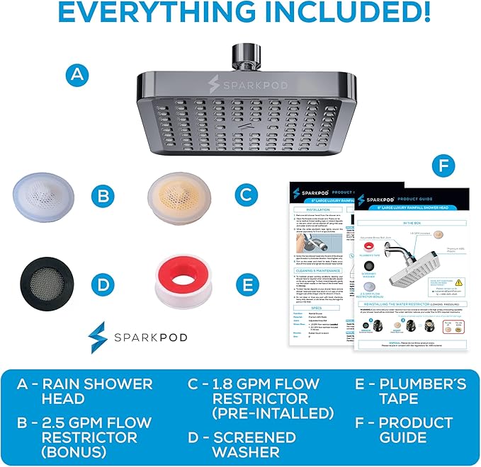 SparkPod Shower Head - High Pressure Rain - Premium Quality Luxury Design - 1-Min Install - Easy Clean Adjustable Replacement for Your Bathroom Shower Heads (Charcoal Grey, 6 Inch Square)