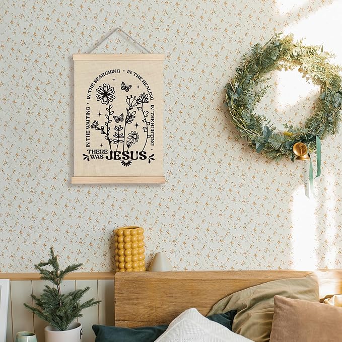 Supwhd Boho Floral Christian Wall Art with Wooden Poster Hanger, There Was Jesus Bible Verses Scripture Wall Decor, Christian Wall Decor for Home Room, 12x16