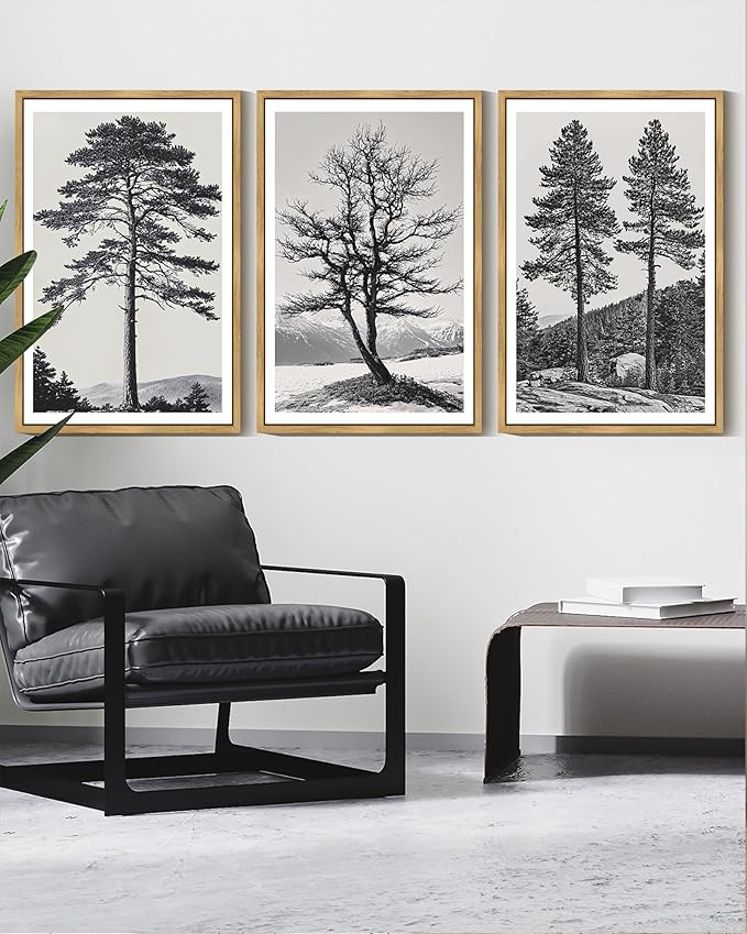 KUVIOKE Vintage Black Gray Forest Wall Art Framed Antique Retro Tree Prints Modern Rustic Artwork Bedroom Living Room Ready to Hang 16x24in (Natural Framed)