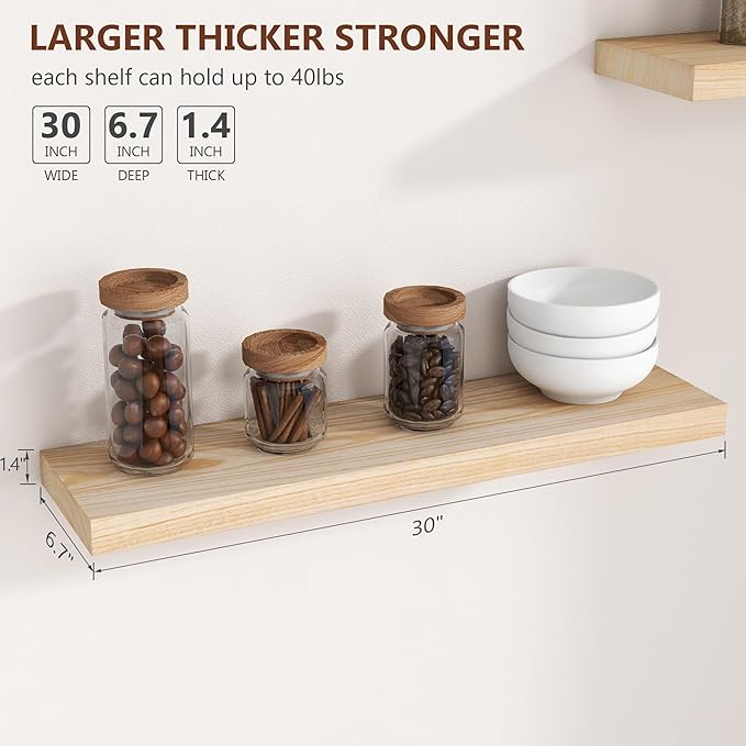 fuqing Natural Wood Floating Shelves for Wall, 30 Inch Wood Floating Shelves Set of 2, Natural Wooden Wall Shelves for Living Room Bedroom Home Office - Natural