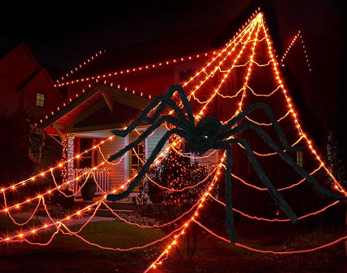 inst Spider Webs Halloween Decorations Outdoor 290LED Halloween Spider Web Lights Decoration with 78.7'' Large Spider & 3.53oz Stretch Cobweb 23Ft Giant Lighted Web with 8 Modes (Orange)