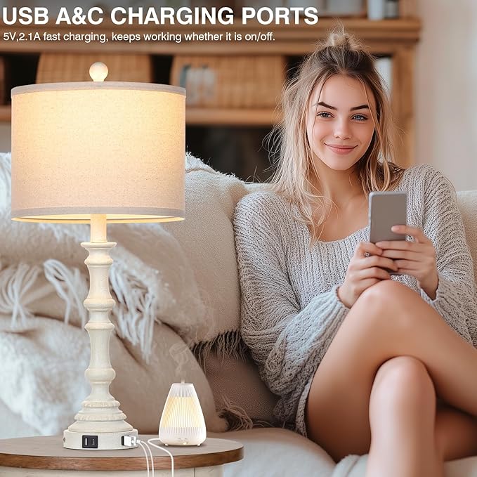 27.5" Farmhouse Table Lamps Set of 2 with USB C+A Ports & AC Outlet for Vintage Living Room Retro Bedroom,3-Way Dimmable Touch Lamp Resin Bedside Lamps for Nightstand Side End Table,White-1
