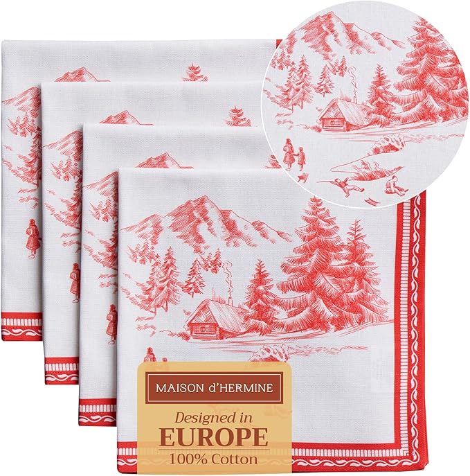 Maison d' Hermine Cloth Napkins Set of 4 100% Cotton Everyday Reusable Square Napkins Cloth Washable, Dinner, Party, Wedding, Restaurant (Winter Jouy, 20" x 20")