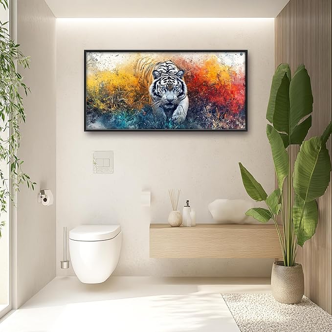 Extra Large Framed Abstract White Tiger Wall Art,Oversized Colorful Cool Tiger Wall Decor,Wild Animal Pictures for Living Room,Canvas Print Painting Modern Artwork Bedroom Office Bathroom 60L x30W
