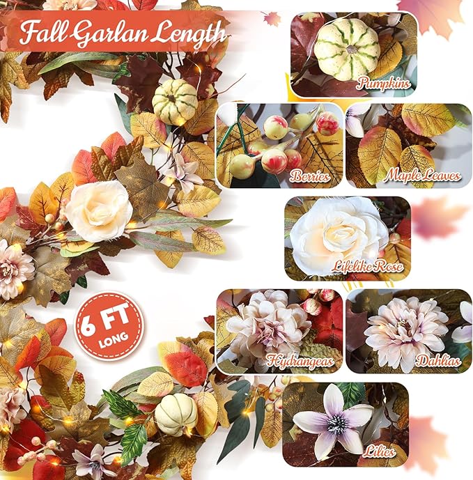 Fall Garland with Lights, 6 FT Fall Leaves Vine Garland with Pumpkins Sunflower Dahlia Flower Autumn Artificial Maple Leaf Decorations for Mantle Outdoor Indoor Thanksgiving Halloween Window Decor
