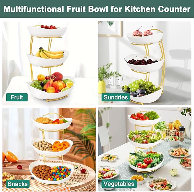 3 Tier Fruit Bowls for Kitchen Counter, White Ceramic Serving Bowls with Gold Metal Stand, Tiered Fruit Basket Display Rack for Fruits Vegetable Snack Nuts Cake Dessert Storage