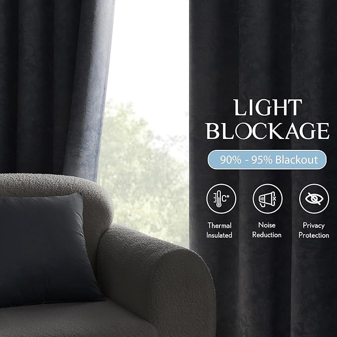 Beauoop Blue Floral Jacquard Blackout Curtains 96 Inches Long 2 Panels for Bedroom Living Room Chenille Flower Room Darkening Thermal Insulated Soundproof Rod Pocket Back Tab Window Drapes, 52x96