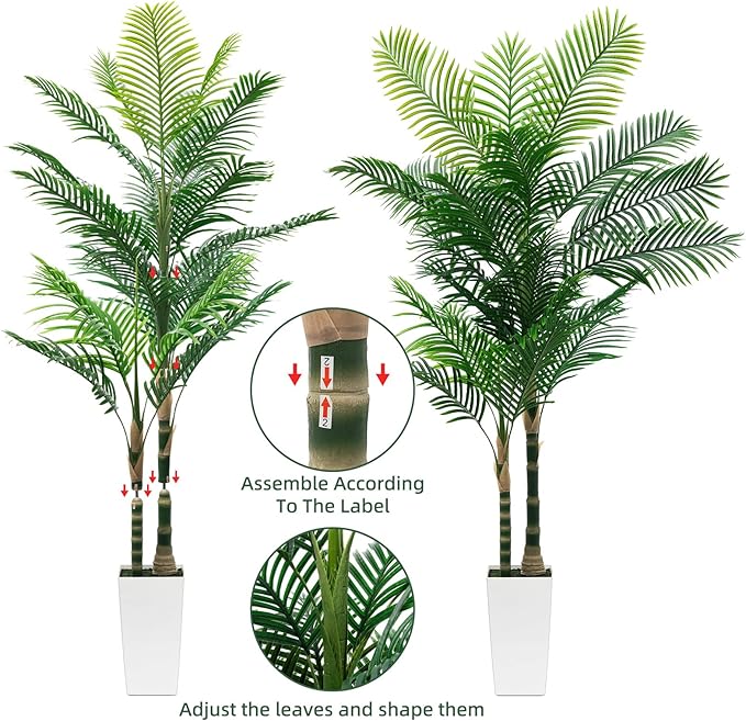 7ft Artificial Golden Cane Palm Tree with LED Fairy Lights & White Tall Planter-Lifelike Faux Tropical Palm with Realistic Trunk and Palm Leaves for Indoor Home Office Living Room Corner Decor