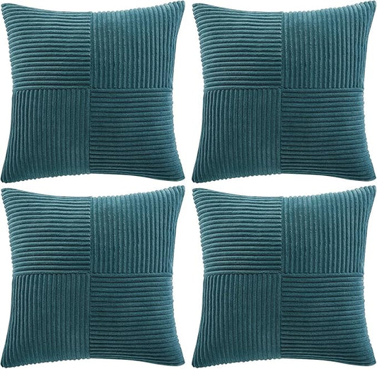 Fancy Homi 4 Packs Teal Decorative Throw Pillow Covers 18x18 Inch for Living Room Couch Bed Sofa, Rustic Farmhouse Boho Home Decor, Soft Cross Corduroy Patchwork Textured Square Cushion Case 45x45 cm