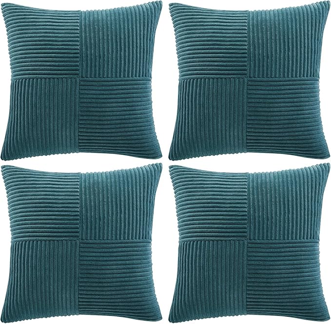 Fancy Homi 4 Packs Teal Decorative Throw Pillow Covers 20x20 Inch for Living Room Couch Bed Sofa, Rustic Farmhouse Boho Home Decor, Soft Cross Corduroy Patchwork Accent Square Cushion Case 50x50 cm