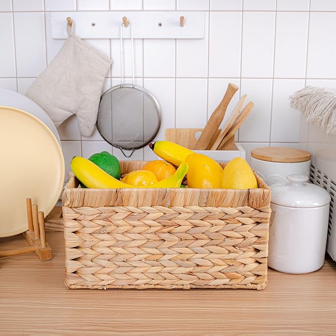 Water Hyacinth Storage Baskets, Rectangular Wicker Storage Basket with Built-in Handles, Medium woven baskets for storage (Medium 3 Packs)