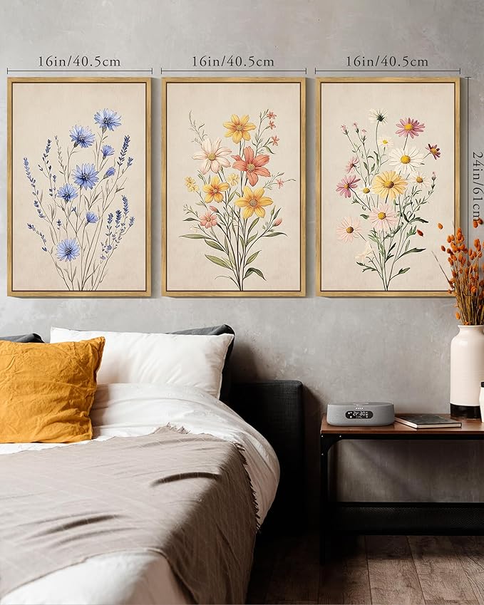 KUVIOKE Vintage Wildflower Bouquet Framed Wall Art Color Botanical Flower Wall Decor Modern Colorful Floral Hanging Decor for Living Laundry Dining 16x24in (Natural Framed)