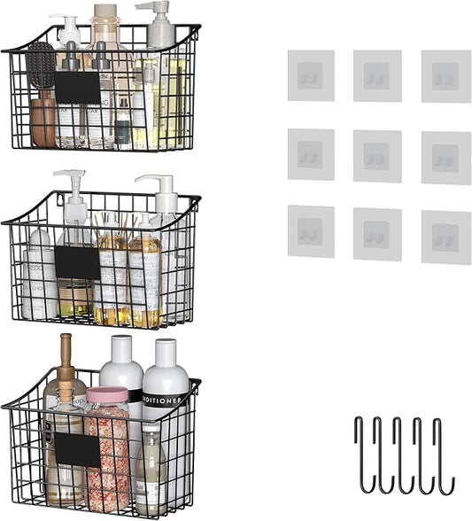 Wall Mounted Bin Basket with 5 Hooks 3 Label Plate Adhesive-3 Pack, Cabinet Hanging Metal Wire Basket,Rustic Farmhouse Decor, Storage Organization Shelf for Pantry Kitchen Bathroom 10.6*7.5*5.1inch
