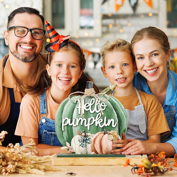 Soaoo Fall Decoration Wooden Fall Hello Pumpkin Sign Autumn Pumpkin Table Decor 11 Inch Wooden Autumn Desktop Ornament for Farmhouse Home Living Room Harvest Day Thanksgiving Decor(Green,Vivid)