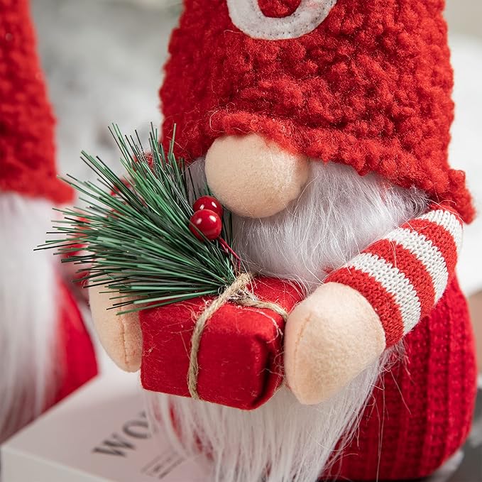 Glitzhome 3 Pack Joy Gnome Christmas Decorations, Fabric Handmade Plush Gnomes Santa Ornaments for Tabletop Home Holiday Decor