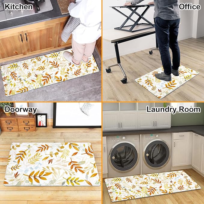 SHACOS Fall Anti Fatigue Kitchen Mat 2 Pcs Autumn Orange Leaves Maple Leaf Non Slip Cushioned Kitchen Floor Mats Ergonomic Standing Mat Fall Decor 17x27.5+17x47