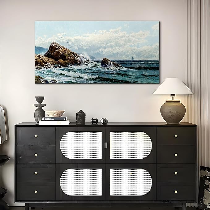 crmotu Large Canvas Wall Art, Coastal Landscape Painting Art Prints, Ocean Rock Wave Vintage Wall Decor, Blue Natural Scenery Wall Pictures for Living Room Bedroom Bathroom, Modern Home Decor 24"X48"