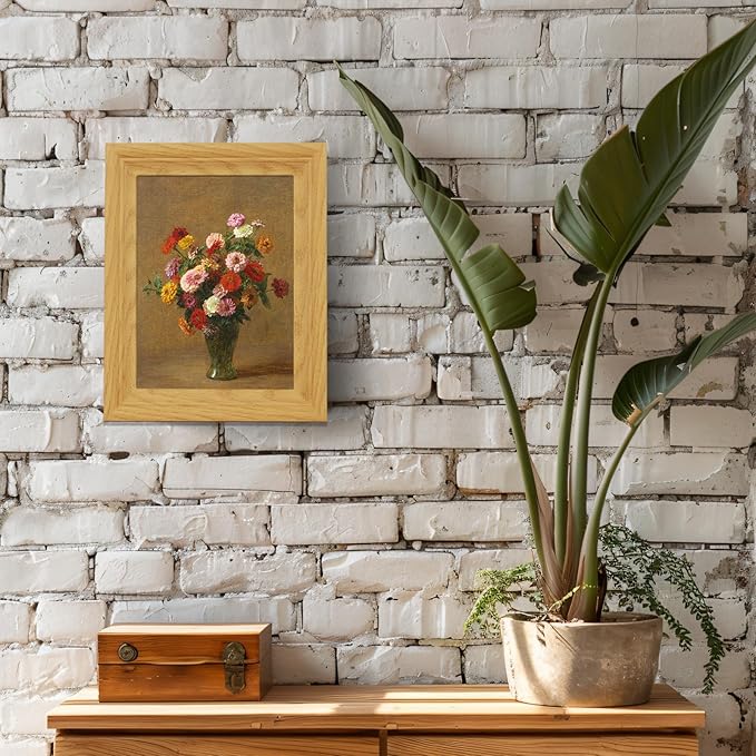 Brivoria Framed Canvas Wall Art Vintage Decor, Classical Autumn Floral Still Life with Colorful Zinnias in Green Vase and Warm Rustic Tones for Kitchen Entryway Bookshelf or Tabletop Fall Display,8x10