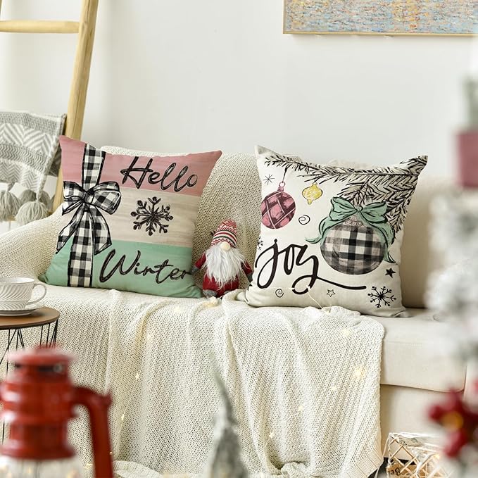 AVOIN colorlife Merry Christmas Joy Xmas Trees Colorful Throw Pillow Covers, 18 x 18 Inch Christmas Winter Holiday Cushion Case Decoration for Sofa Couch Set of 4