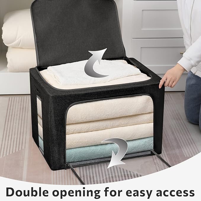 2 Pack Clothes Storage Bins Stackable Metal Frame Storage Box Foldable Linen Fabric Box Organizer with Carrying Handles and Clear Window (Black, 15.7x 11.8x 11.7 Inch)