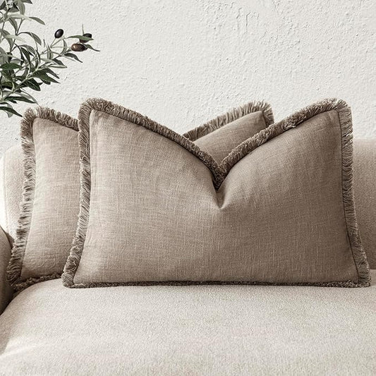 Foindtower Set of 2 Decorative Linen Fringe Lumbar Throw Pillow Covers Boho Farmhouse Cushion Cover with Tassels Soft Accent Pillowcase for Couch Sofa Bed Living Room Home Decor,12×20 Inch,Brown Tan
