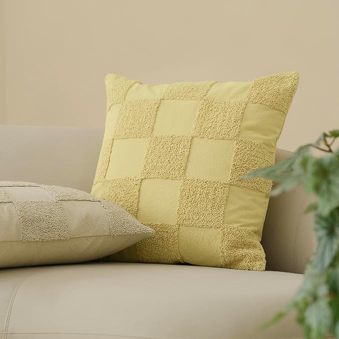 Double Stitch Checkered Throw Pillow Covers - 100% Cotton Set of 2 Tufted Boho Decorative Pillow Covers 20x20, Made in India, Square Cushion Case, Modern Home Decor for Couch, Sofa, Lemon Yellow