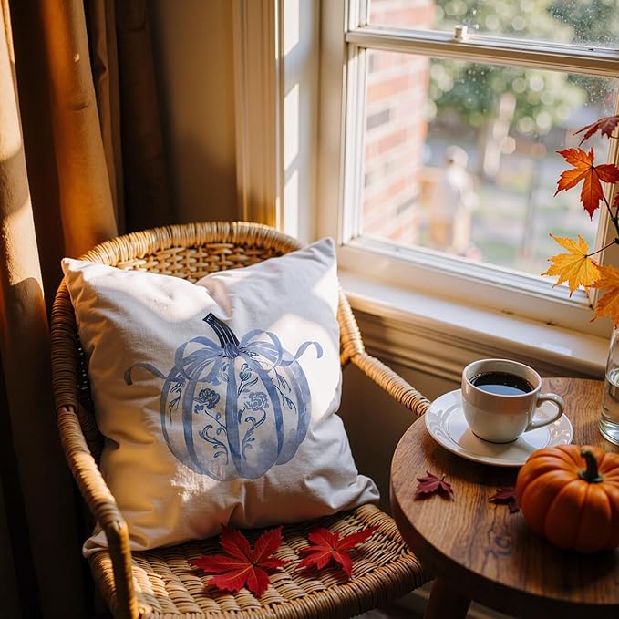 Blue Chinoiserie Pumpkin Fall Pillow Covers 18x18, Preppy Fall Decor, Grandmillennial Blue and White Floral Pumpkin Autumn Decorative Throw Pillow Covers for Girls Room Home Bedroom Living Room