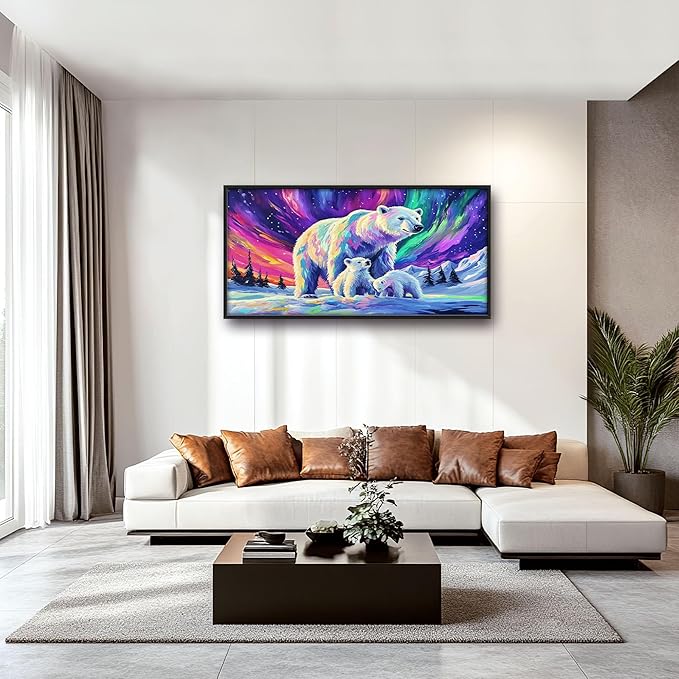 Polar Bear Large Wall Art for Living Room Framed, White Bear Wall Decor Pictures, Aurora Canvas Print Painting, Aesthetic Artwork Bedroom Office Home Decor 60"x30"