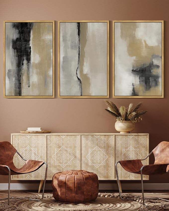 KUVIOKE Black Gray Abstract Framed Wall Art Minimalist Modern Neutral Wall Art Decor for Living Room Hallway Bedroom Ready to Hang 16x24in (Natural Framed)