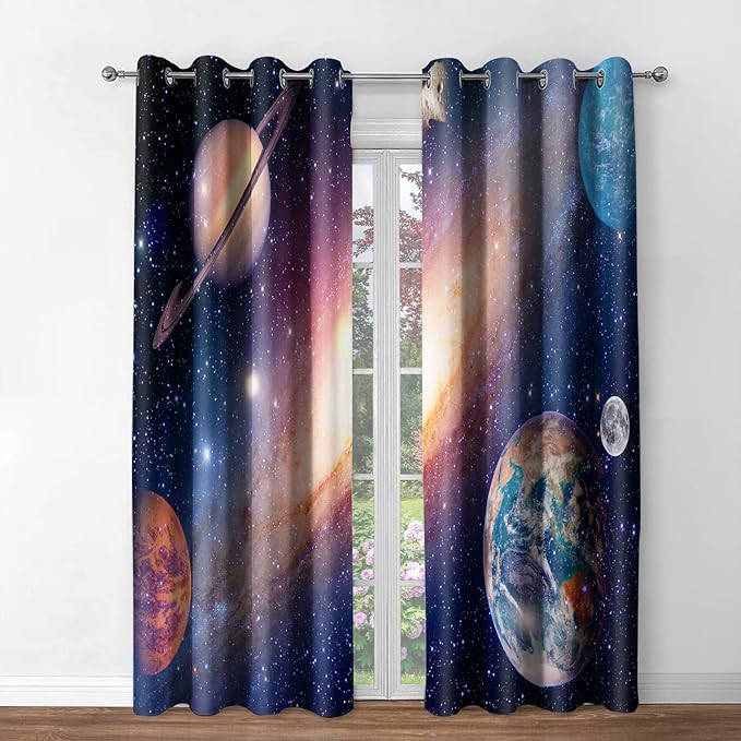 Jekeno Galaxy Planet Blackout Curtains Outer Space Universe Nebula Stars Starry Sky Decor for Kids Boys Teens Girls Bedroom Living Room Darkening Grommet Window Drapes 2 Panel Set, 42"x84"
