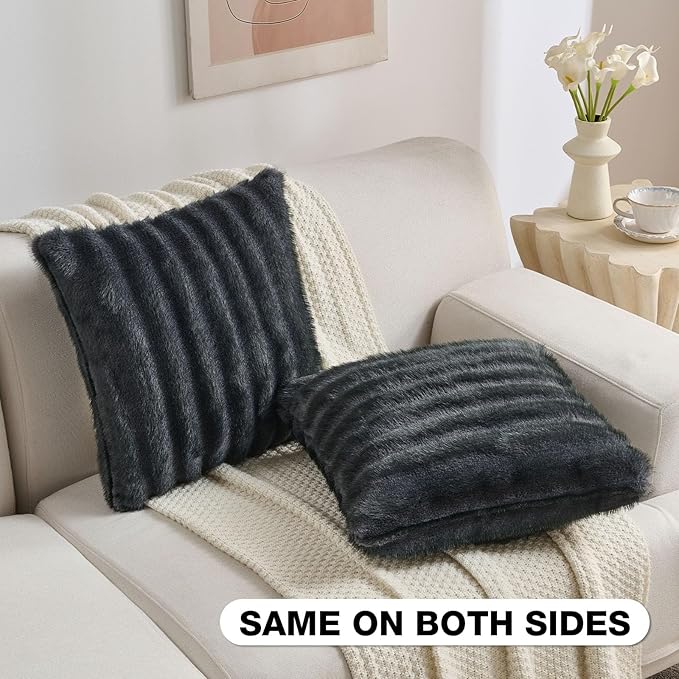 FUTEI Dark Grey Pink Decorative Throw Pillow Covers 24x24 Inch Set of 2,Soft Fluffy Faux Mink Fur Dyeing Striped Textured European Cushion Case,Modern Home Decor for Couch Bed Living Room