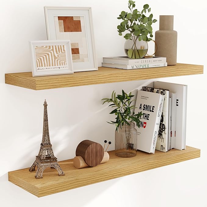 40 Inch Floating Shelvese, 40" W x 9.3" D Floating Shelf Set of 2, Farmhouse Wood Wall Shelves for Bedroom, Kitchen, Wall Mounted Deep Shelving for Home Decor, Oak Color