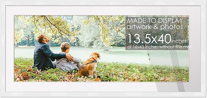 13.5x40 Frame White Wood with White Mat | 16x43 Frame Matted to 13.5x40 | Display Your Print Under UV Acrylic Shatter Guard Front, with Foam Board Backing and Wall Hanging Hardware - Solid Pine Frame