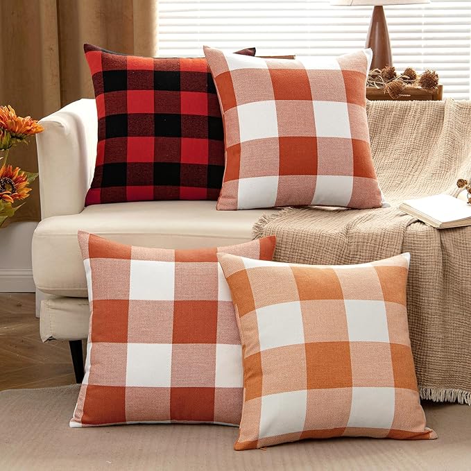 MIULEE Fall Throw Pillow Covers Pack of 2 Decorative Classic Farmhouse Buffalo Check Plaids Polyester Linen Soft Cushion Case for Couch Sofa Bedroom Outdoor 18 x 18 Inch, Burnt Orange