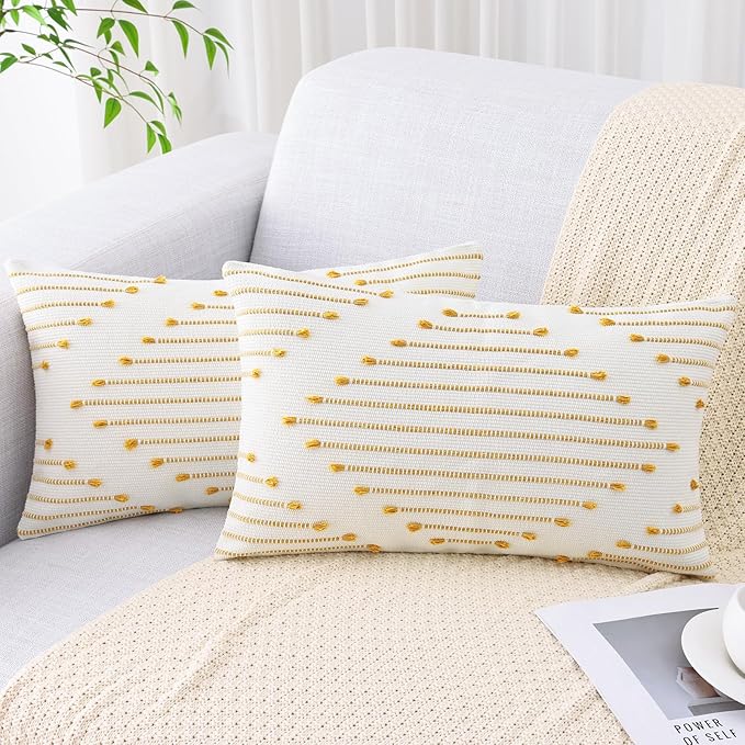 Mecatny Boho Outdoor Throw Pillow Covers 12X20 Set of 2, Farmhouse Lumbar Pillow Covers for Couch Sofa Living Room, Yellow & White