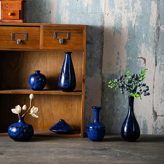 Blue Ceramic Bud Vases, Set of 6 Small Glazed Pottery Vases for Floral Arrangements, Decorative Rustic Vases for Modern Farmhouse Home Decor, Living Room, Dining Table Centerpieces