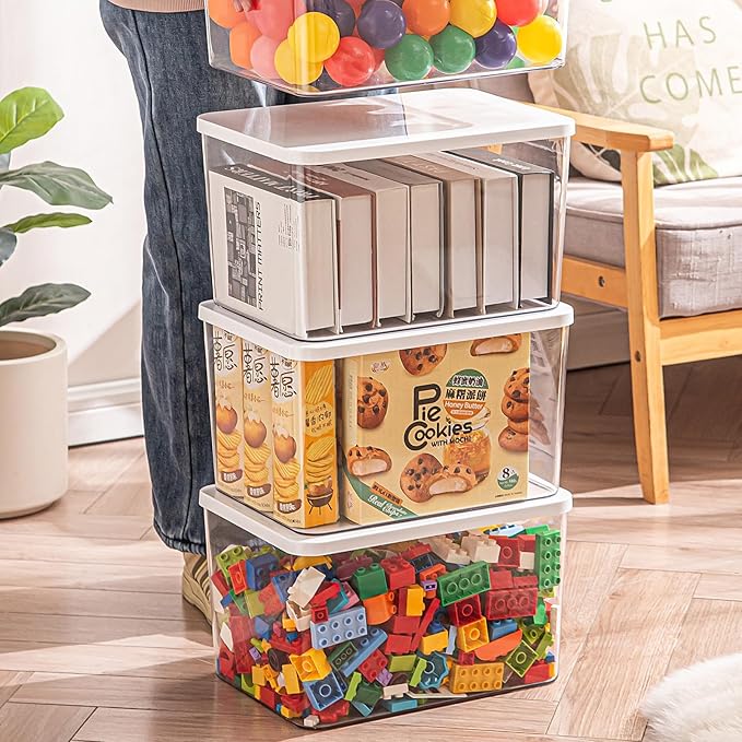 Clear plastic storage bins with LIDS-3packs,storage containers for snacks, cosmetics, books, dog food, Storage Organizer for Nursery，Kitchen, Living room,Bedroom, Bathroom, Office (Clear-White Lid)