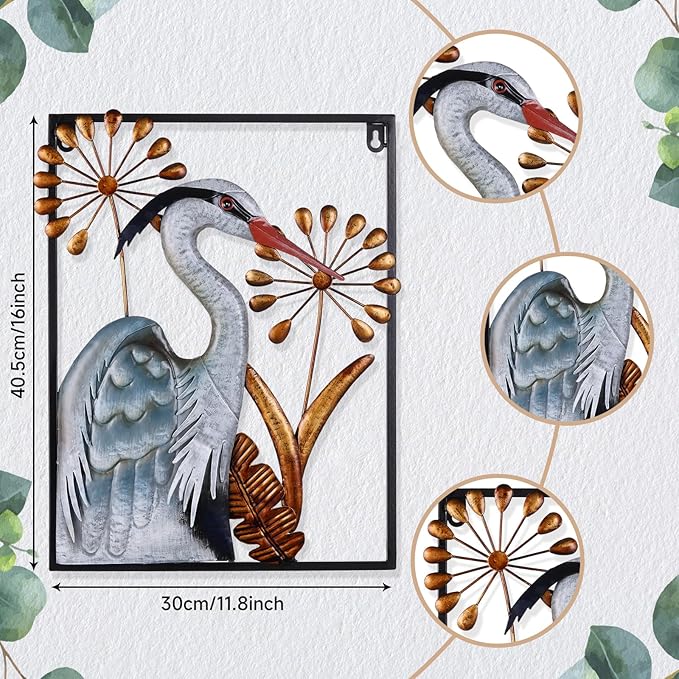 Ratuor Metal Bird Wall Art 3D Heron Wall Sculpture 16 Inch Outdoor Decor Hanging Crane Wall Decoration for Living Room Garden Bedroom Office Home Housewarming Party Vivid Color