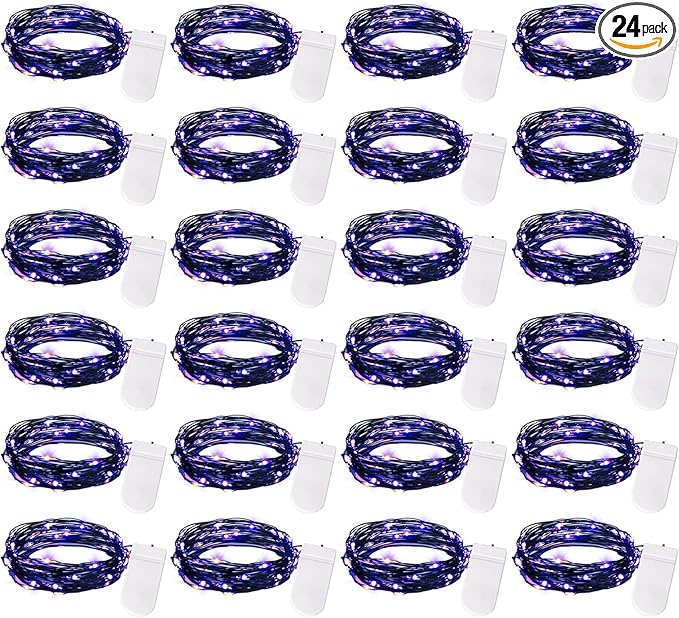 Brightown 24 Pack Fairy Lights Battery Operated, Halloween String Lights Waterproof Black Wire 7 ft 20 LED Firefly Starry Lights for Hallowen Decorations DIY Paper Lantern Craft Pumpkin (Purple)
