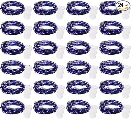Brightown 24 Pack Fairy Lights Battery Operated, Halloween String Lights Waterproof Black Wire 7 ft 20 LED Firefly Starry Lights for Hallowen Decorations DIY Paper Lantern Craft Pumpkin (Purple)