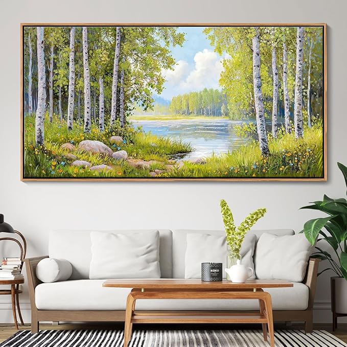Forest & Mountain Wall Art Green Framed Nature Landscape Pictures for Living Room, Bedroom & Office Large Paintings Wall Decor Tree, Lake, and Mountain Artwork for Wall Decor 24x48IN
